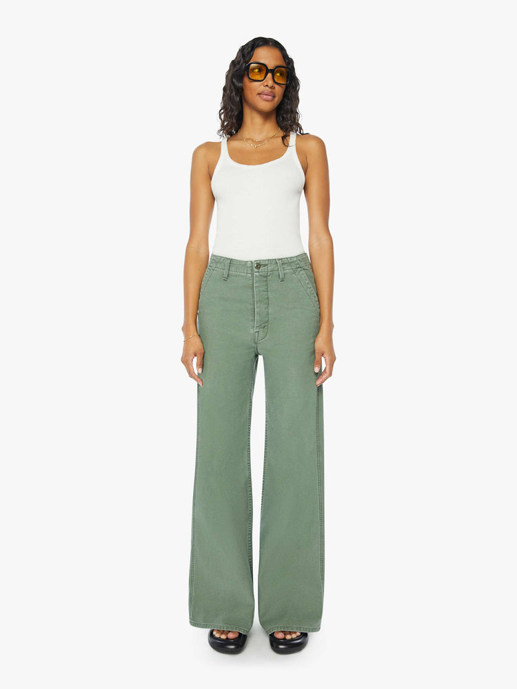Front view of a womens army green pant featuring a high rise, a wide leg, and a long inseam with clean hem.