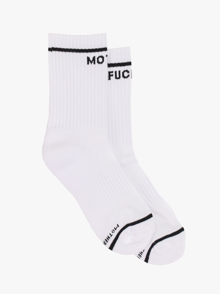 Flat view of a pair of white socks with a black stripe and text along the ankle.