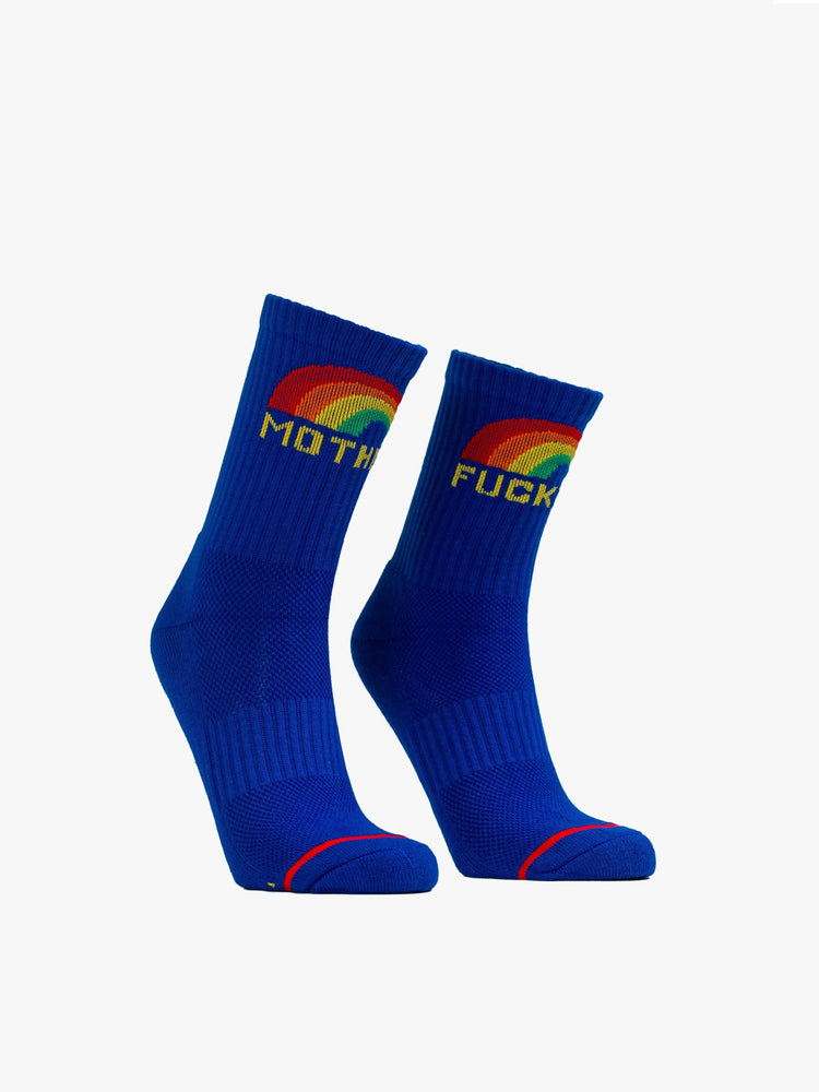 Classic tube socks with a bold message from MOTHER in blue with a rainbow graphic and yellow lettering.