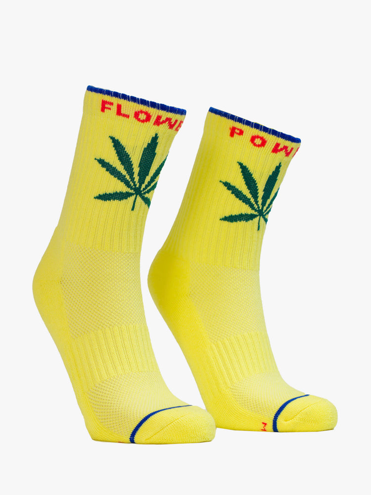 Image of classic yellow tube socks with hot pink lettering and a weed leaf graphic on the front.