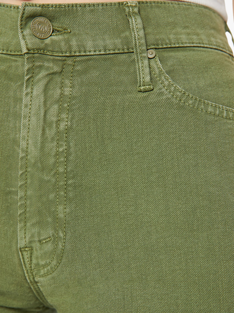 Swatch view of a woman high-rise, straight-leg with a 32-inch inseam and a clean hem pant in a stone green color.