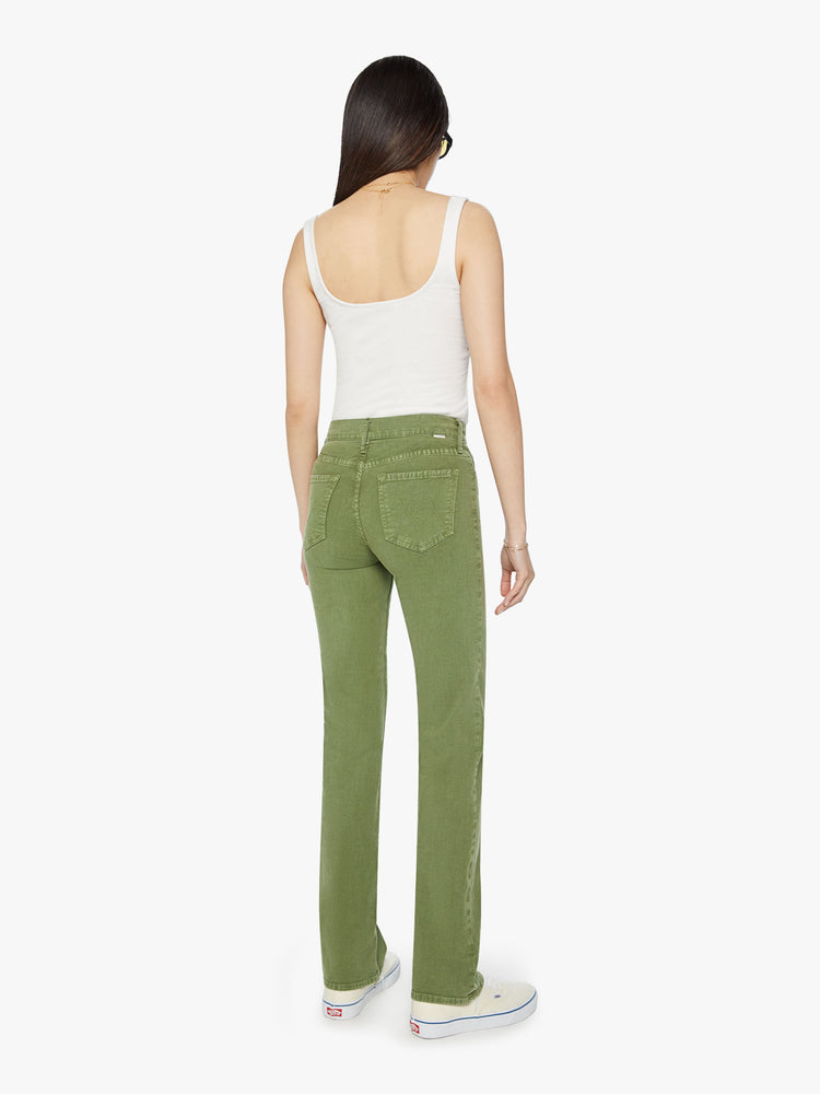 Back view of a woman high-rise, straight-leg with a 32-inch inseam and a clean hem pant in a stone green color.
