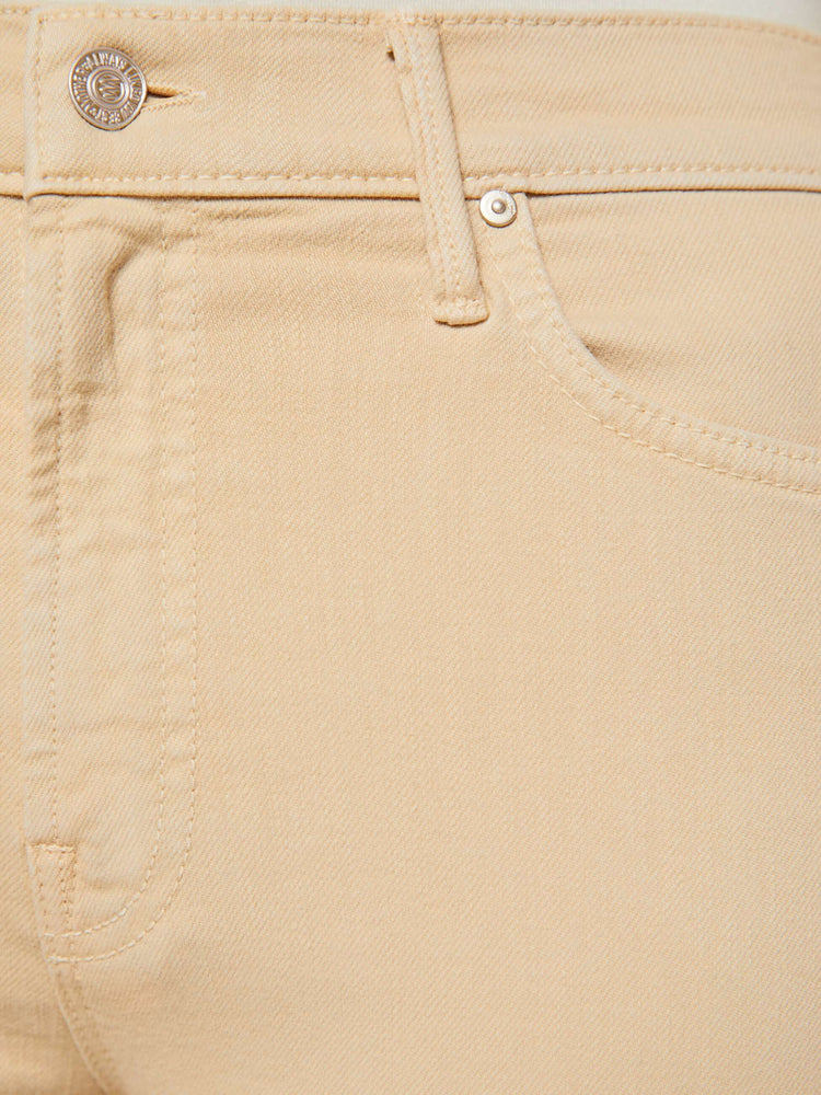 Swatch view of a woman in a light khaki  high-rise straight leg pant with a zip fly, 32-inch inseam and a clean hem. 