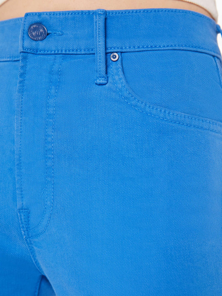Swatch view of a woman high-rise bootcut has a 28.25-inch inseam and a clean hem in a bright blue.