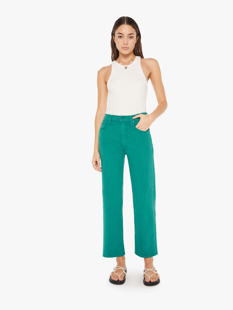 Front view of a womens green pant featuring a high rise, a wide straight leg, and an ankle length clean hem.