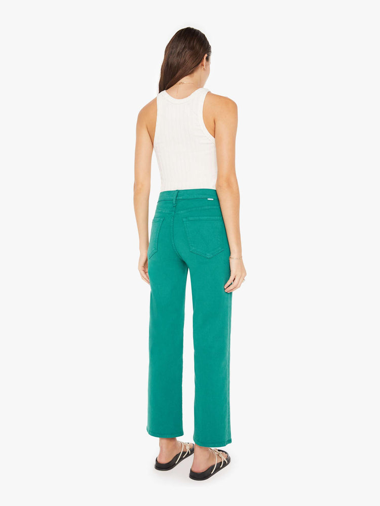 Back view of a womens green pant featuring a high rise, a wide straight leg, and an ankle length clean hem.