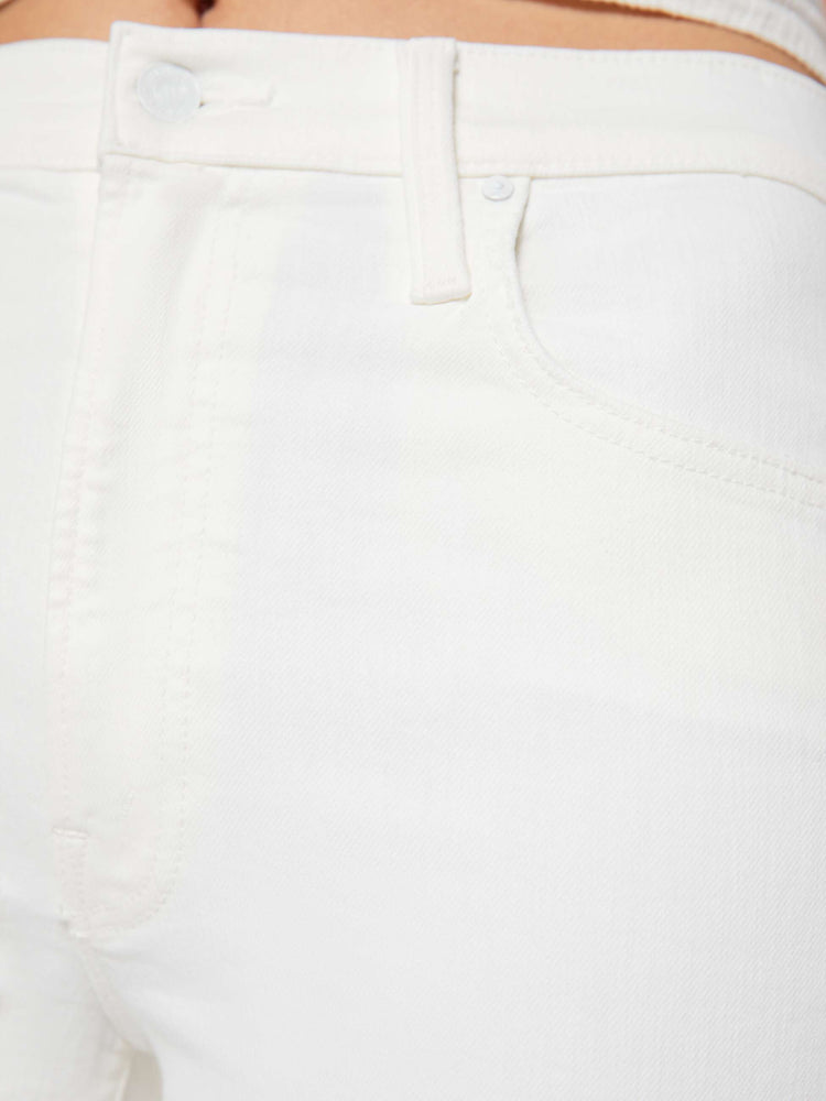 Swatch view of a womens white high waisted wide straight leg jean with an ankle length inseam and zip fly.