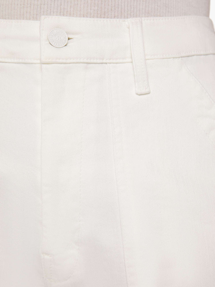 Close up swatch detail view of a white pant.