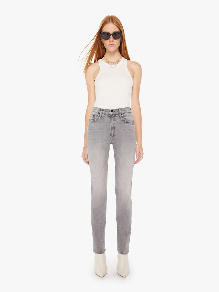 Front view of a womens grey wash jean featuring a mid rise and a straight leg with clean hem.