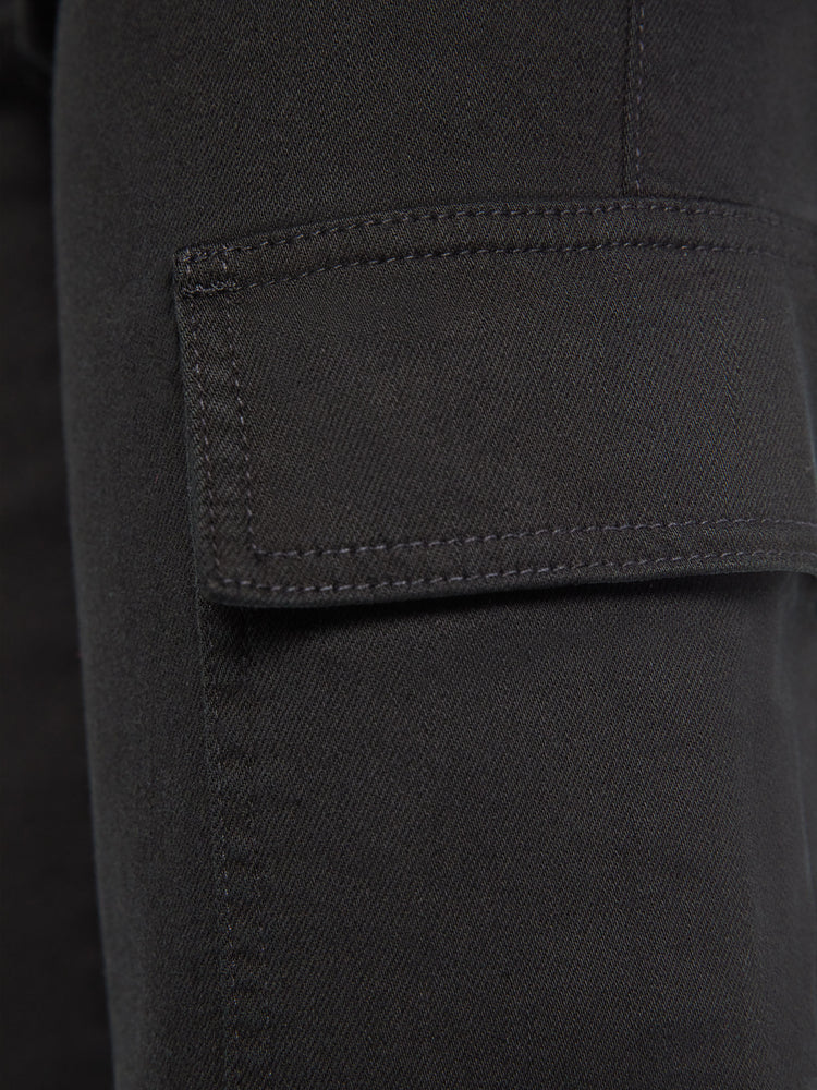 Swatch view of a woman high-waisted jeans with a wide straight leg, cargo pockets, zip fly and a long 32-inch inseam in a black wash.