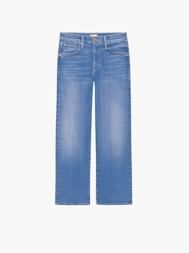 Flat view of a medium blue wash denim jean featuring a wide straight leg and clean hem.