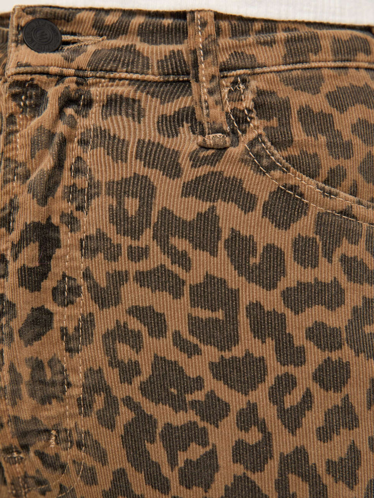 Swatch view of a woman in cheetah print high-rise flare has a zip fly, 28.25-inch inseam and a clean hem.