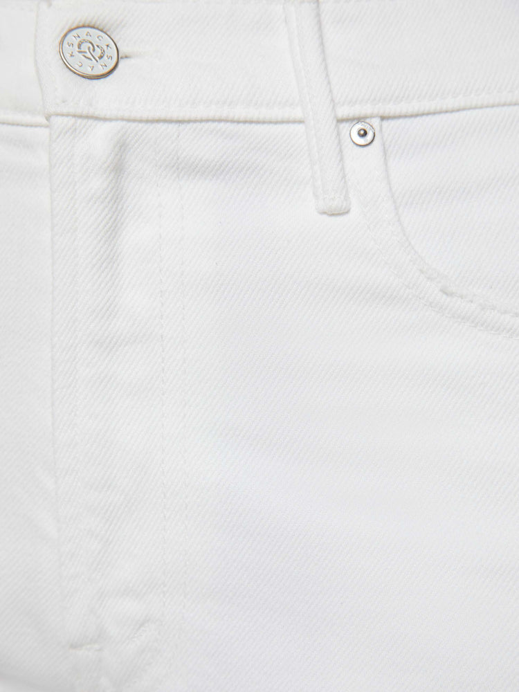 Swatch view of a woman in a white high-rise pants have a zip fly, loose wide leg with a curved outer seam and a 32-inch inseam with a clean hem.
