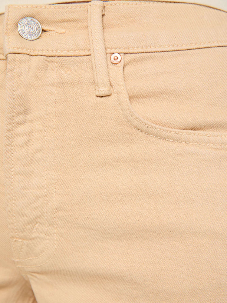 Swatch view of a woman in a soft khaki mid-rise wide leg with a zip fly, 32-inch inseam and a clean hem.