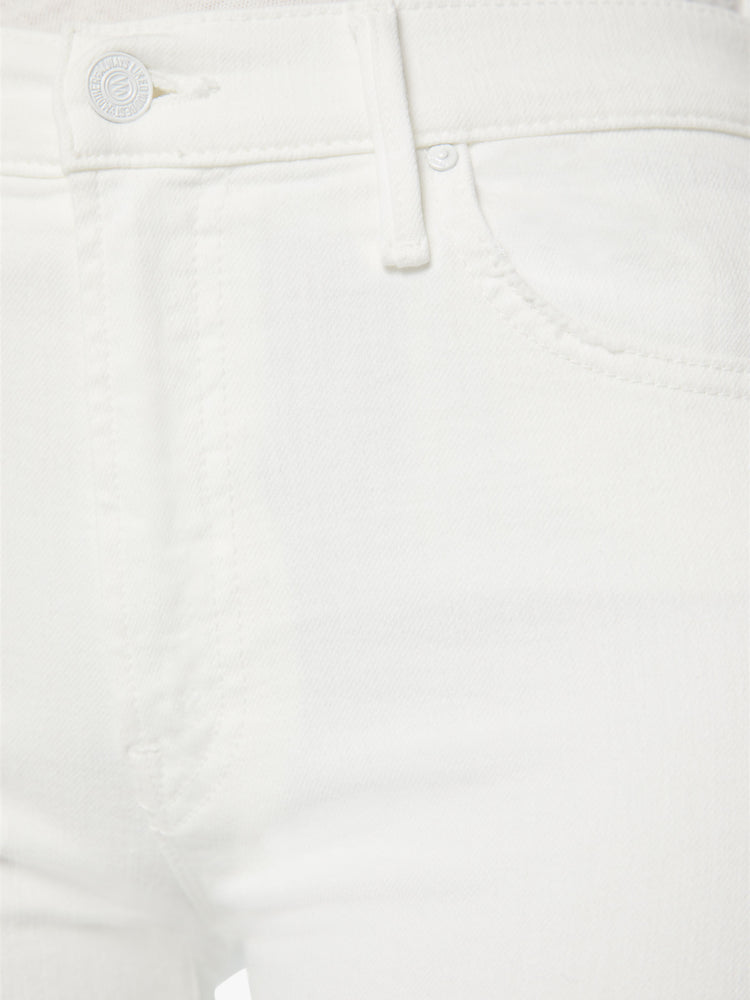 Swatch update view of women’s white cropped bootcut with step frayed hem.