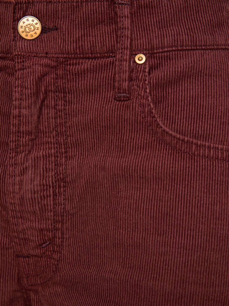 Swatch view of a woman in a merlot corduroy high-waisted jeans are designed with a zip fly, relaxed fit and a 31-inch inseam with a clean hem.