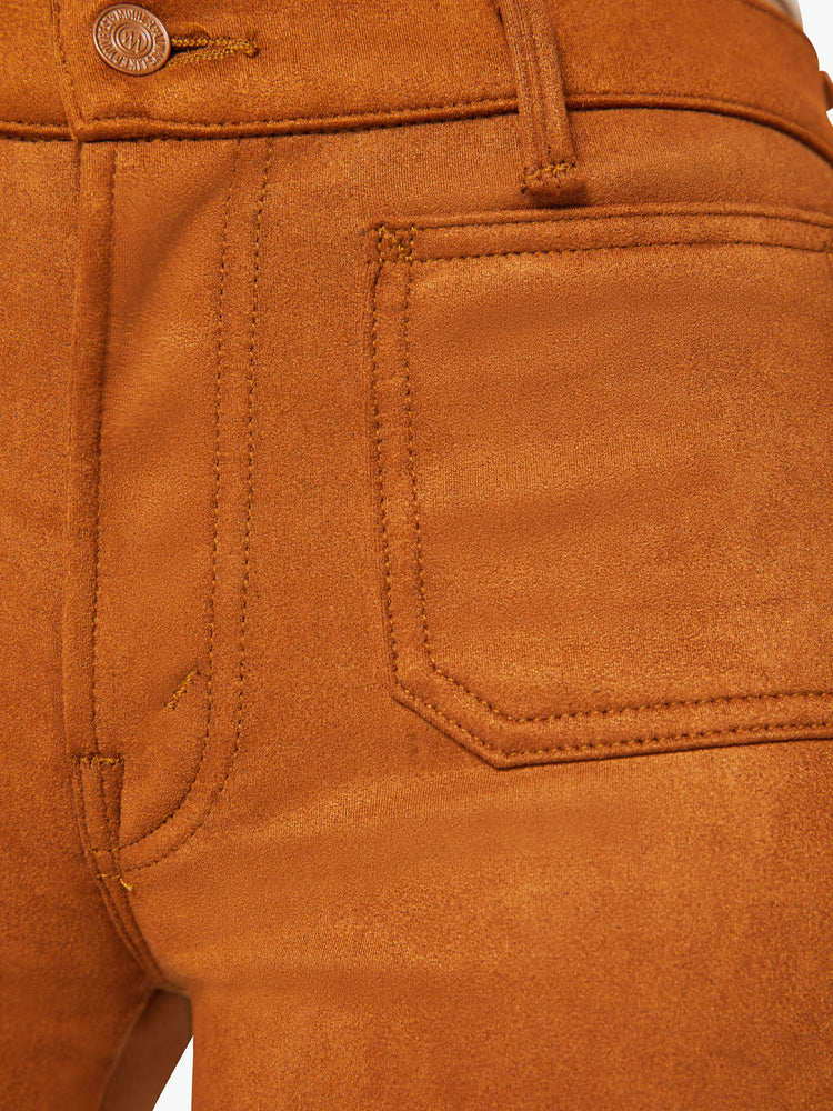 Swatch view of a woman mid-rise bootcut pants with front patch pockets, a long 34-inch inseam and a slightly slouchy fit in a light brown faux suede.