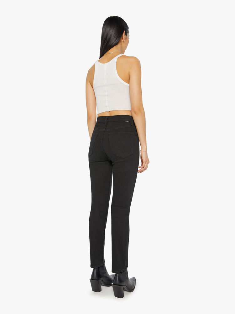 Back view of a women's black straight leg jean with a high rise and ankle length inseam