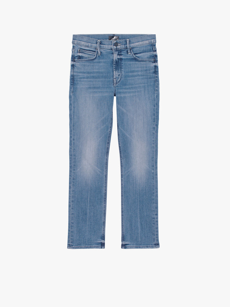 Flat view of a medium blue wash denim jean featuring a slim straight leg and clean hem.