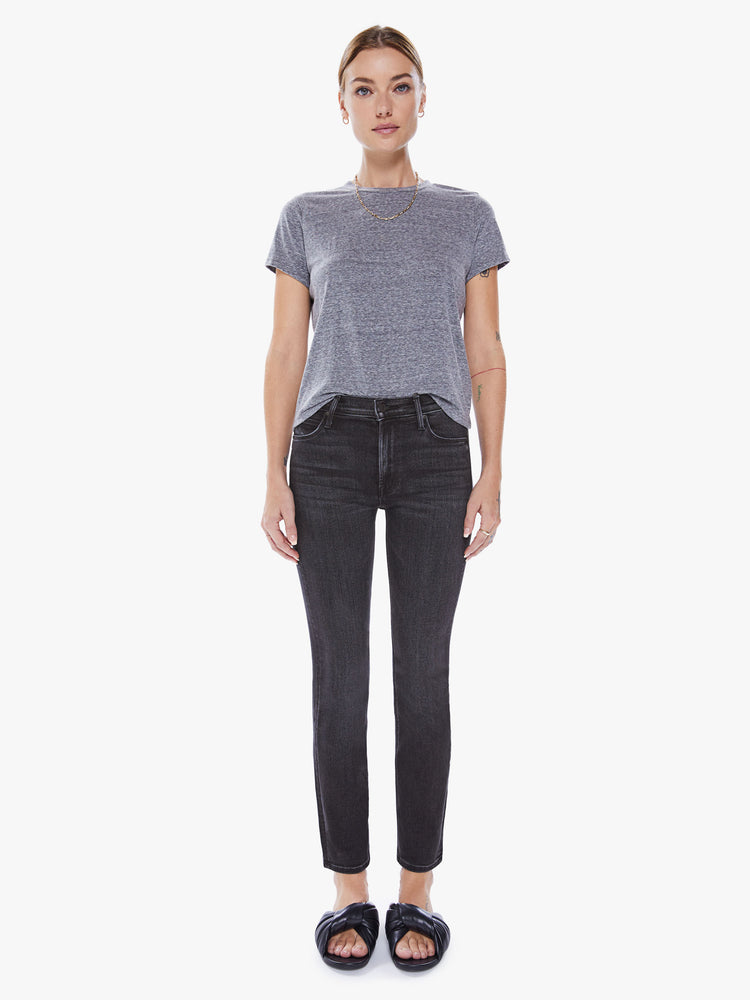 Front view of women's black straight leg jean with mid-rise and ankle length inseam.