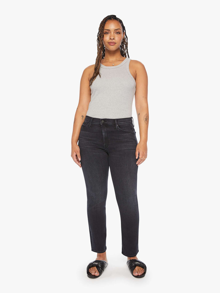 Front view of women's black straight leg jean with mid-rise and ankle length inseam.