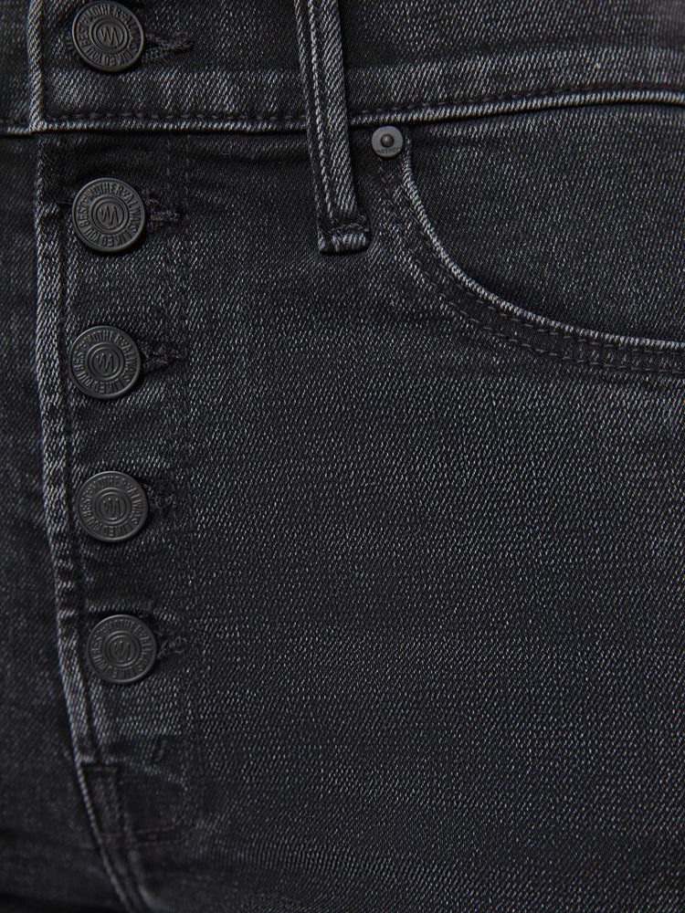 Swatch view of women's straight leg jean with exposed button fly in a faded black wash.