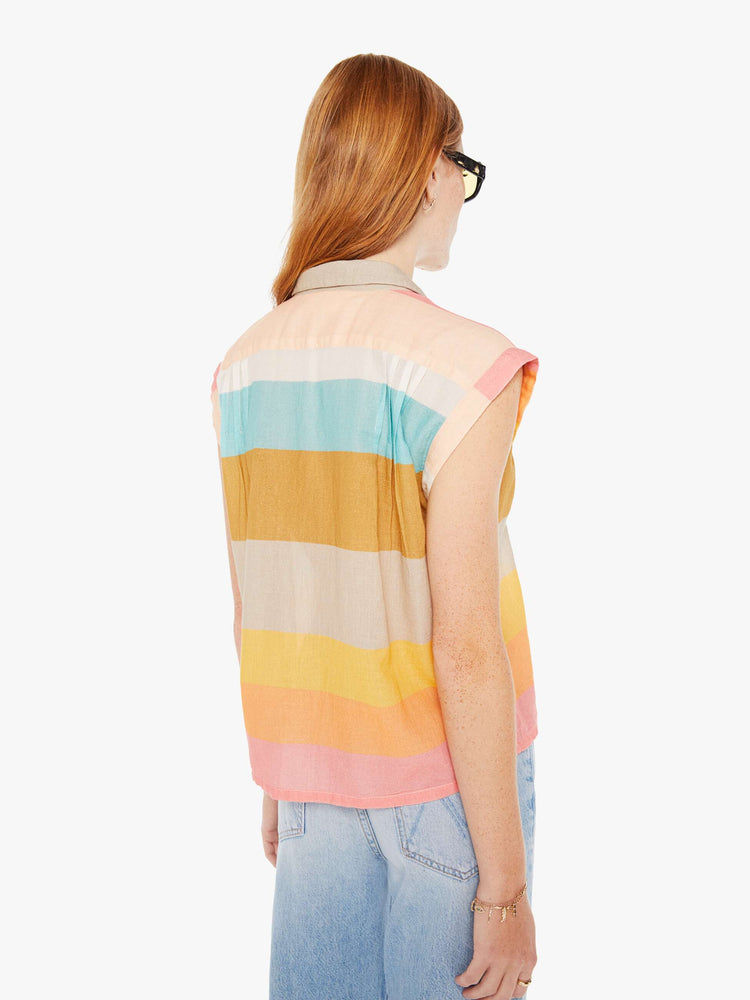 Back view of a womens sleeveless button down featuring a notched collar and a wide stripe pattern.