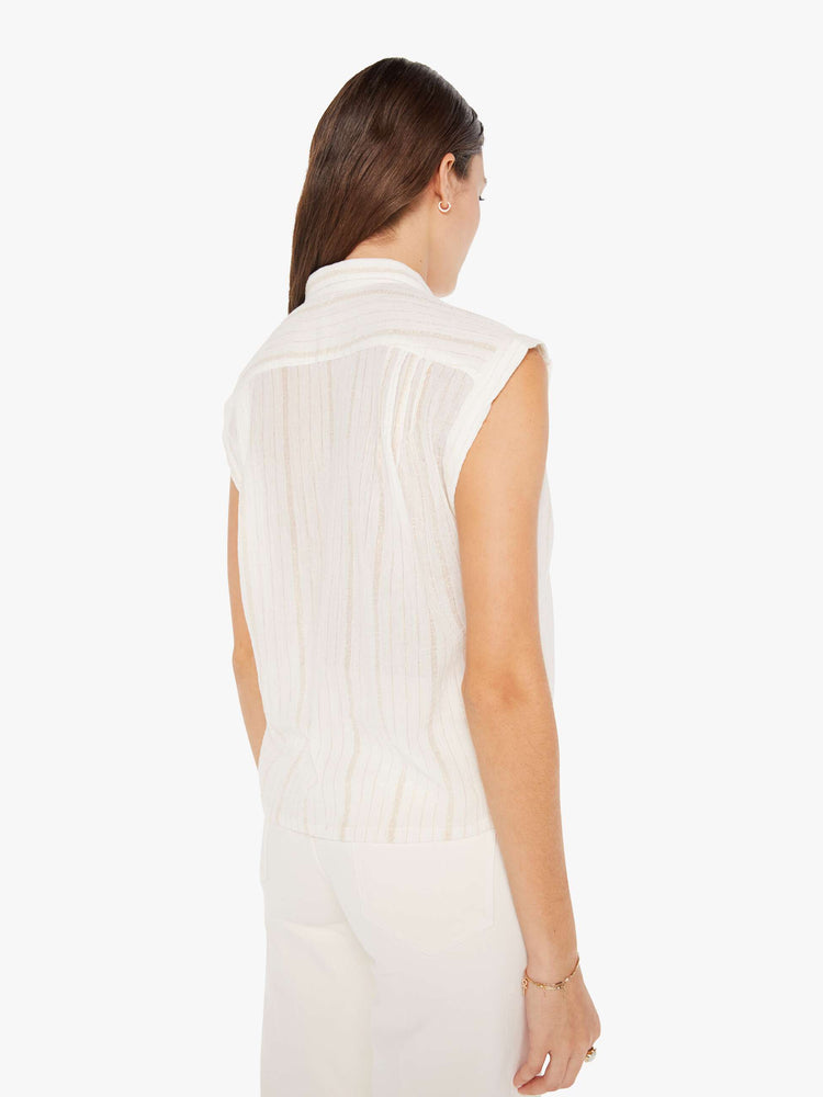 Back view of a womens sleeveless button down shirt featuring a notched collar and two front pockets.