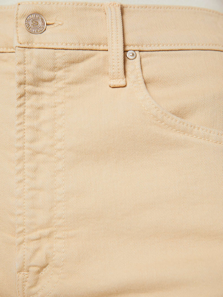 Swatch view of a woman in a khaki super high-waisted shorts with a wide leg, zip fly, calf-length inseam and a clean hem.