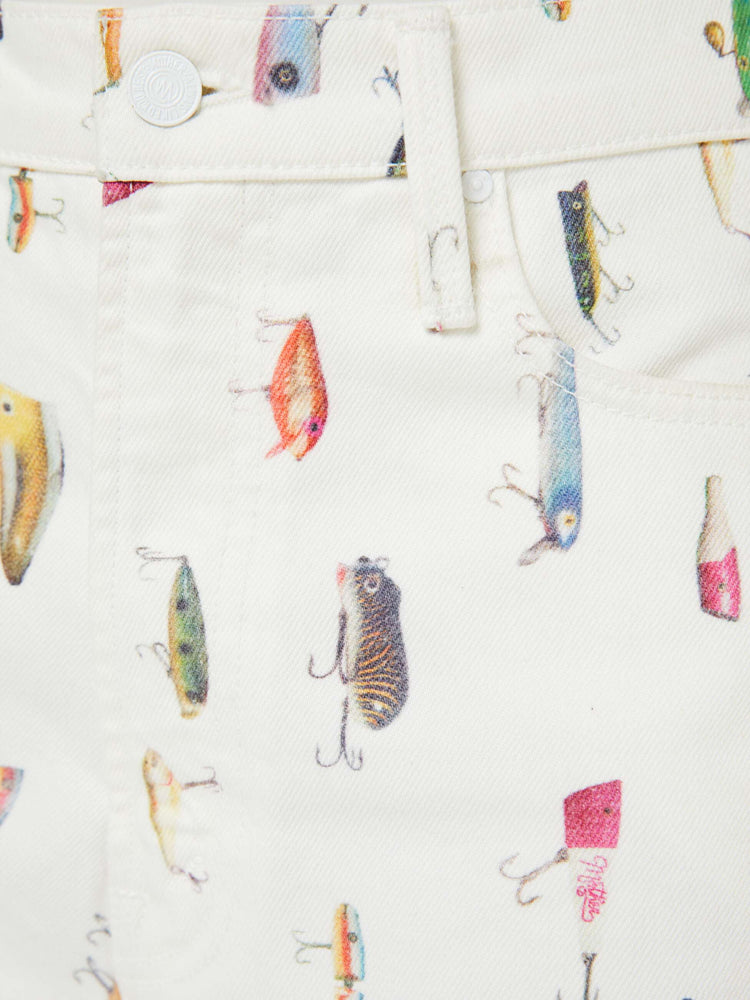 Swatch view of a woman in an off-white with a faded fishing lure print super high waisted shorts with a 3.5-inch inseam, zip fly, clean hem and a loose fit.
