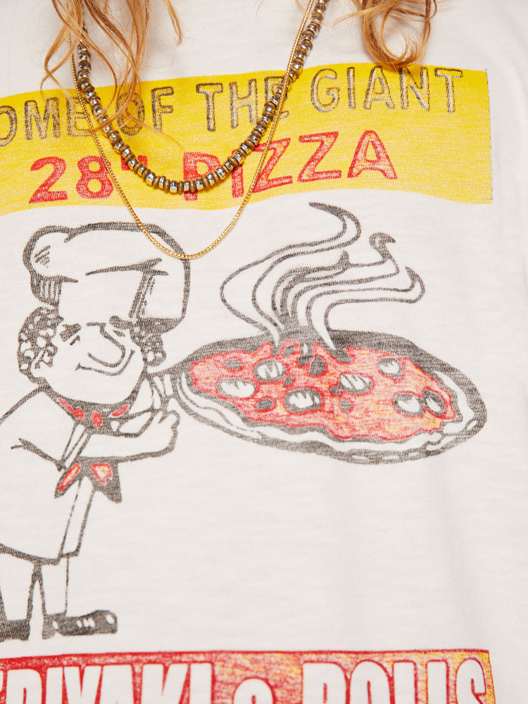 Swatch close up view of a mens classic crewneck tee with short sleeves and a boxy fit in white with colorful graphic inspired by pizza shop.