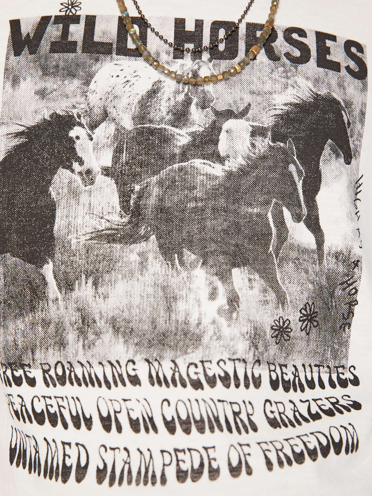 Close up view of a mens classic crewneck tee with short sleeves in white with a faded horse graphic in black.