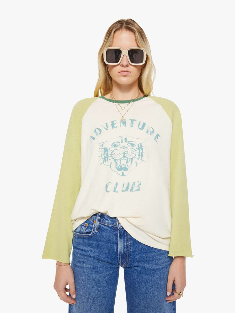 WOMAN front view in baseball tee with a crew neck, 3/4-length frayed sleeves and a curved hem.