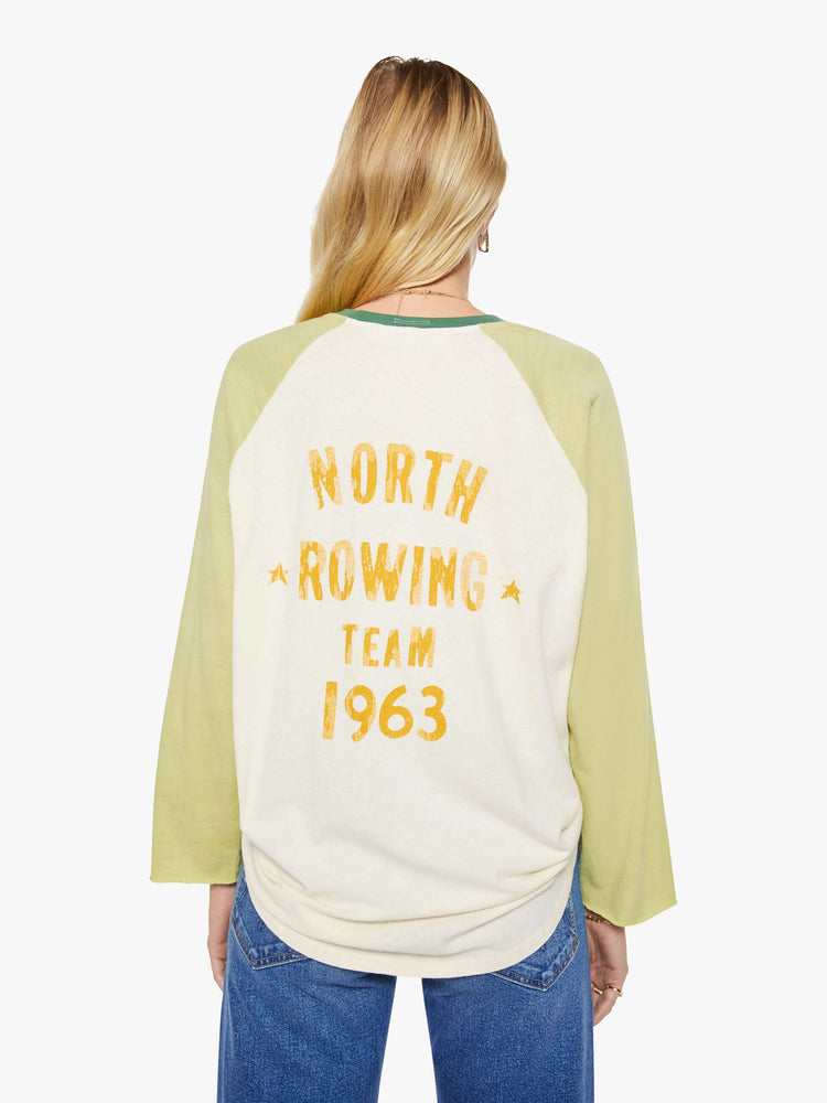 WOMAN back view in baseball tee with a crew neck, 3/4-length frayed sleeves and a curved hem.