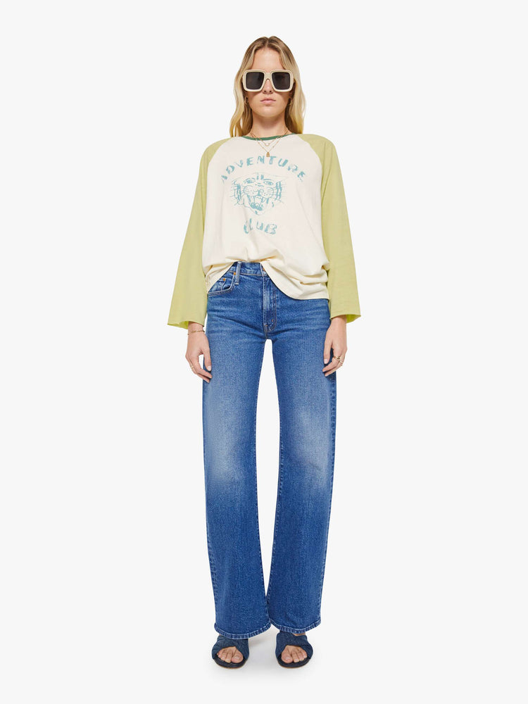 WOMAN front full body view in baseball tee with a crew neck, 3/4-length frayed sleeves and a curved hem.