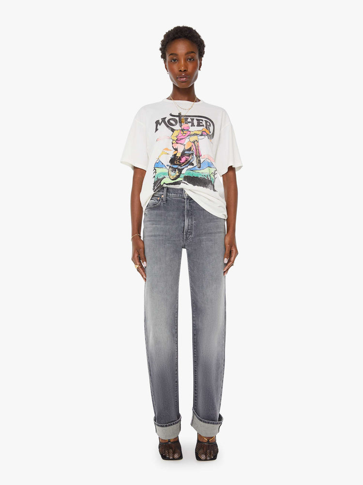 WOMAN front full body view in white oversized tee features a faded biker graphic and MOTHER's name in black on the front.