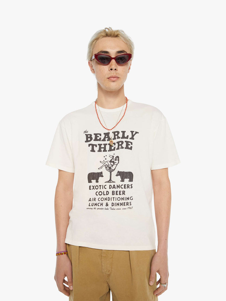 MEN front view of an oversized tee in off-white with a faded black graphic inspired by a Lake Tahoe club.