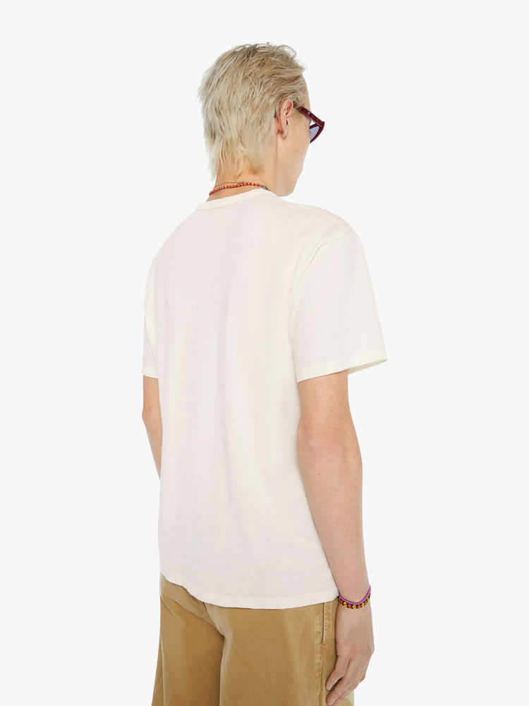 MEN back view of an oversized tee in off-white with a faded black graphic inspired by a Lake Tahoe club.