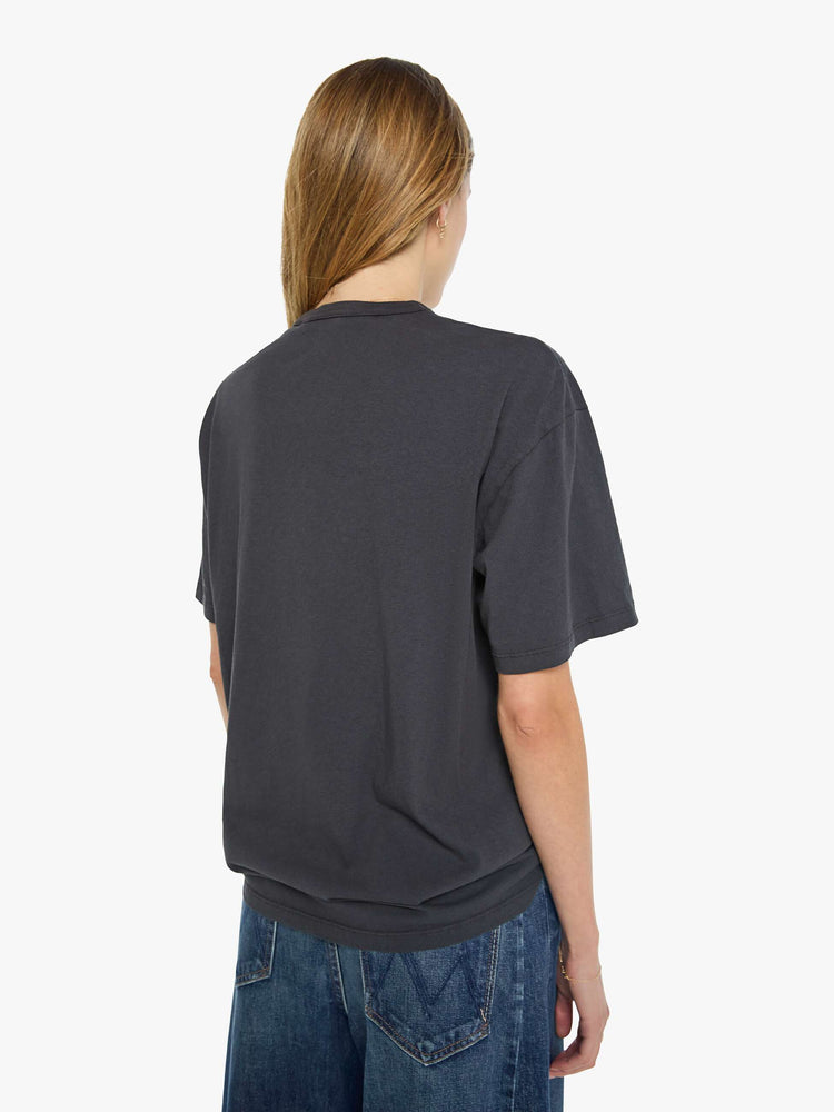 WOMAN back view in a dark grey tee features a tiger graphic and MOTHER's name in block text on the front.