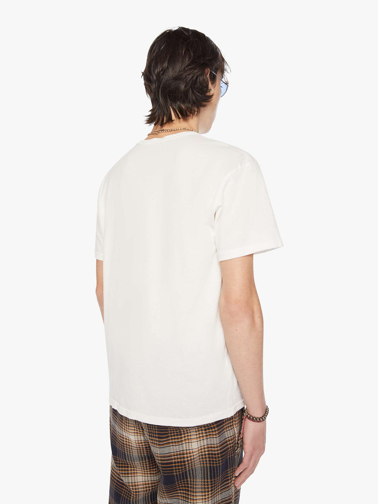 Back view of a men white with black graphic oversized tee with drop shoulders and a loose fit.