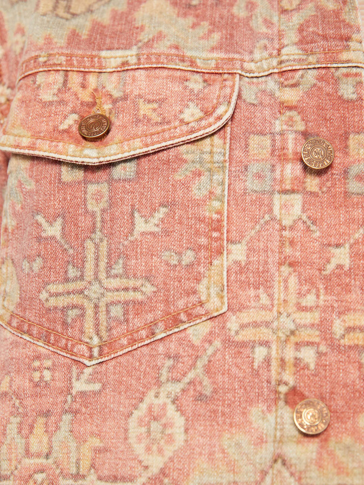 Swatch view of a men collared jacket with drop shoulders, patch pockets, slit pockets and a slightly shrunken fit in a faded tapestry inspired print.