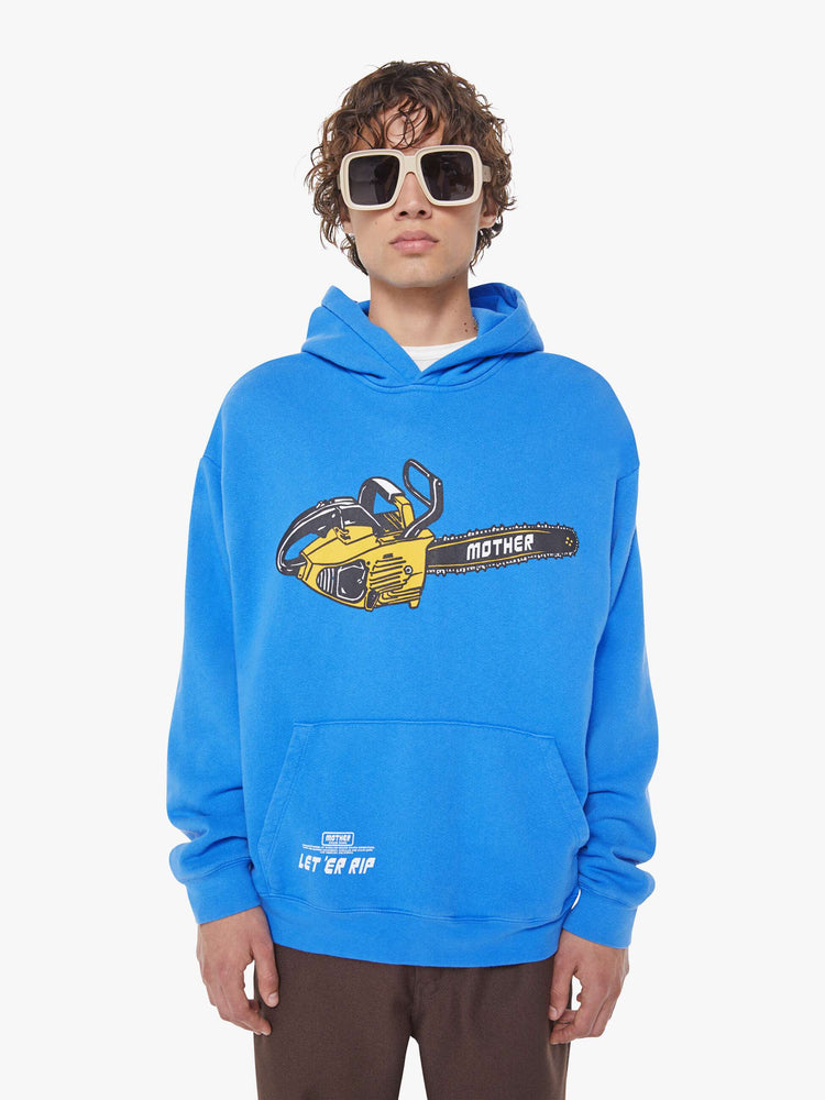 MEN front view of an oversized hoodie with drop shoulders, ribbed hems and a front patch pocket. 