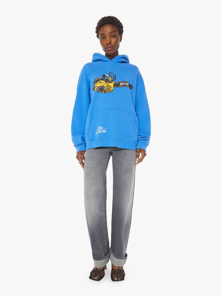 WOMAN full body view of an oversized hoodie with drop shoulders, ribbed hems and a front patch pocket. 