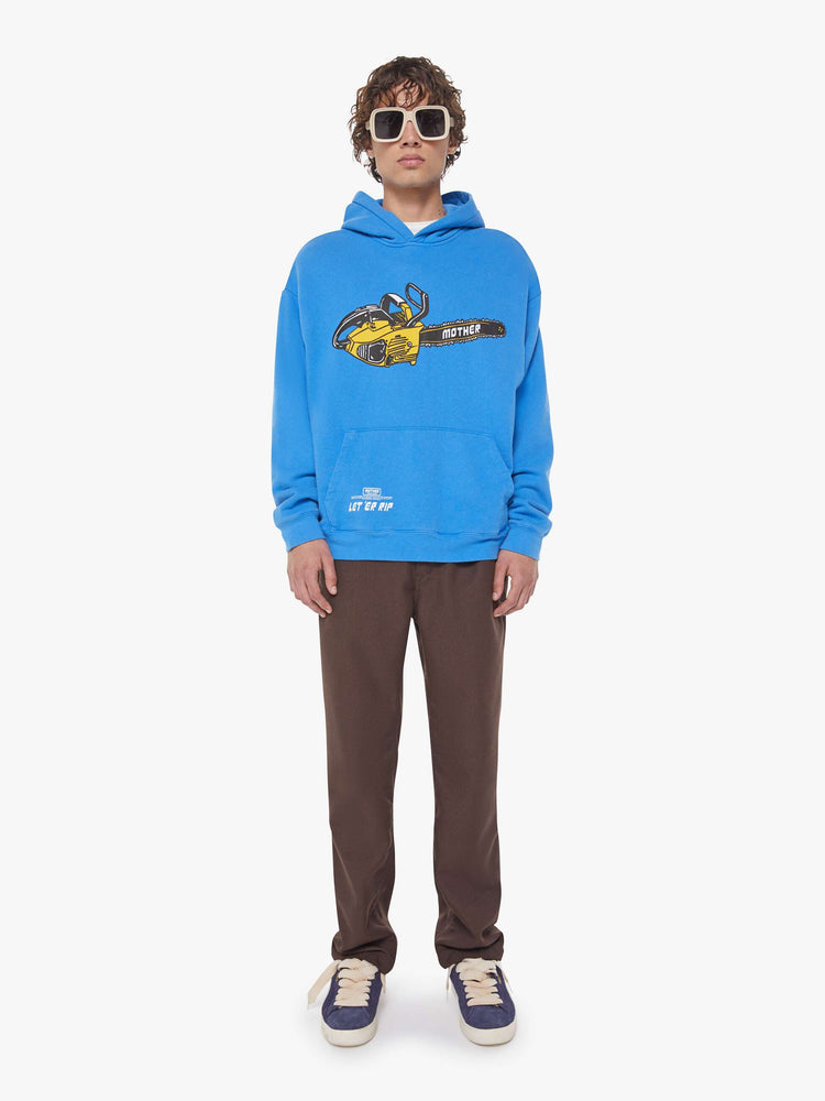 MEN full body view of an oversized hoodie with drop shoulders, ribbed hems and a front patch pocket. 