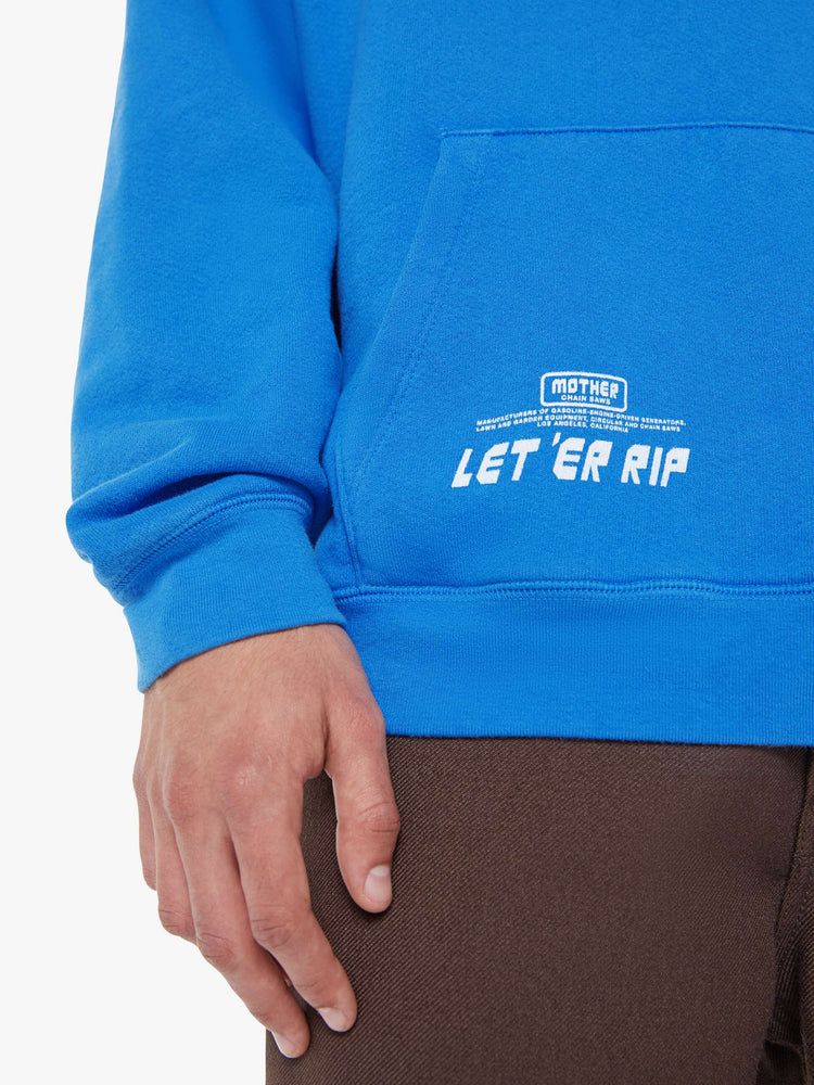 MEN close up view of an oversized hoodie with drop shoulders, ribbed hems and a front patch pocket. 