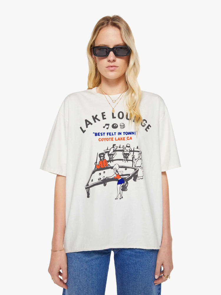 WOMAN front view of a white tee features a billiards graphic with text on the front.