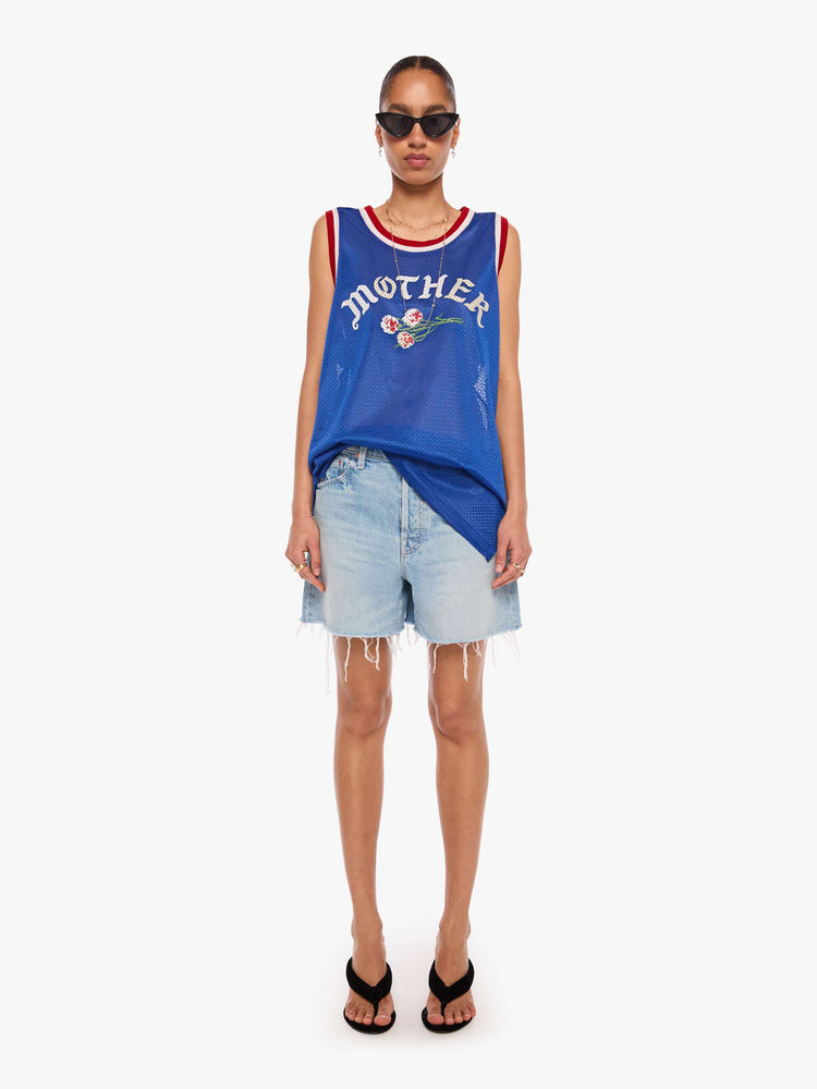 WOMAN front full body view in a blue fabric with red and white trim and features MOTHER's name and a bouquet of flowers on the front sleeveless jersey. 