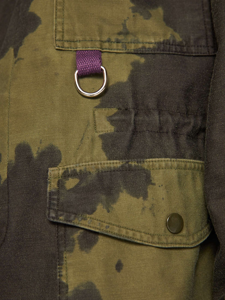Swatch view of a men military jacket with an optional hood that rolls and zips into curved collar,patch pockets, a drawstring waist and buttons down the front.