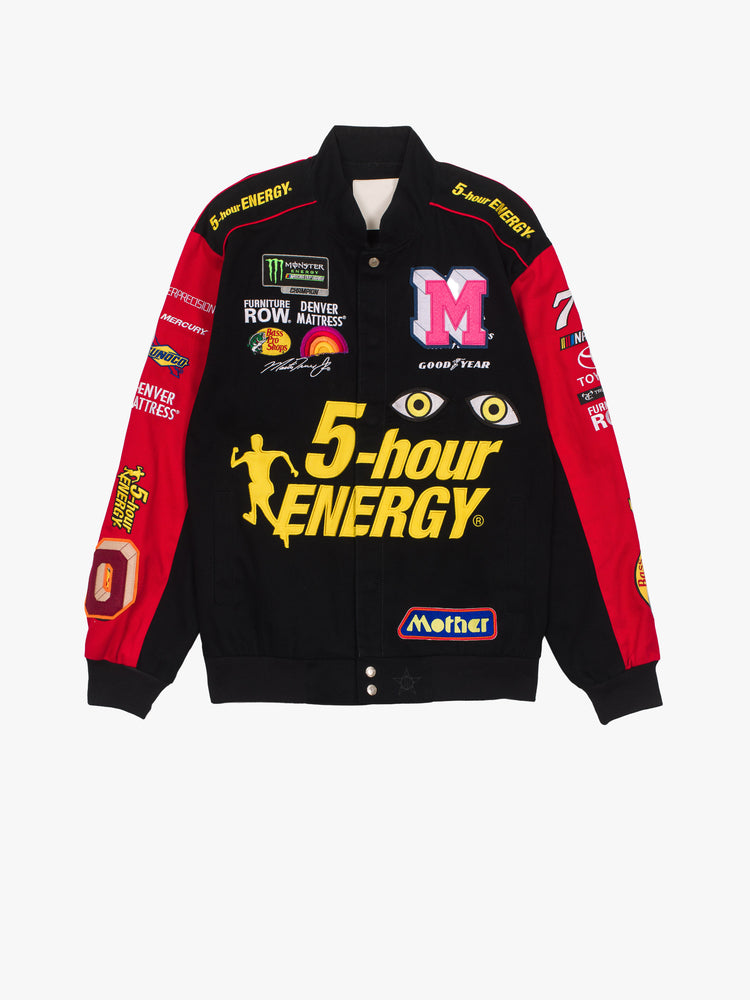 Flat image of a racer jacket in black and red featuring various patches.