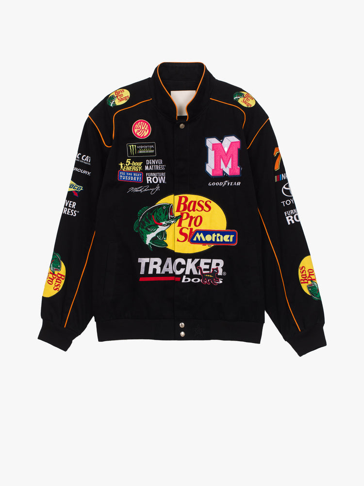Front flat of a black race car jacket featuring patches all over.